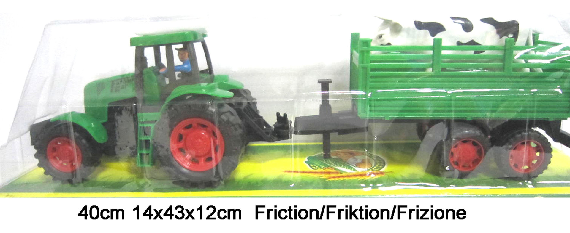 Traktor 40 cm mit Anhänger + Kuh Friktion