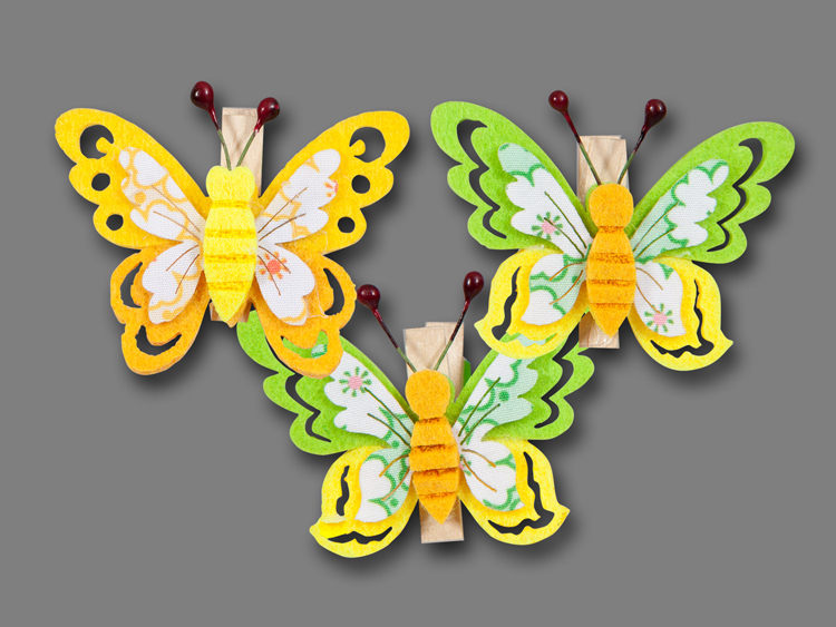 3 Schmetterlinge auf Clip aus Filz 6x4,5x1,4 cm