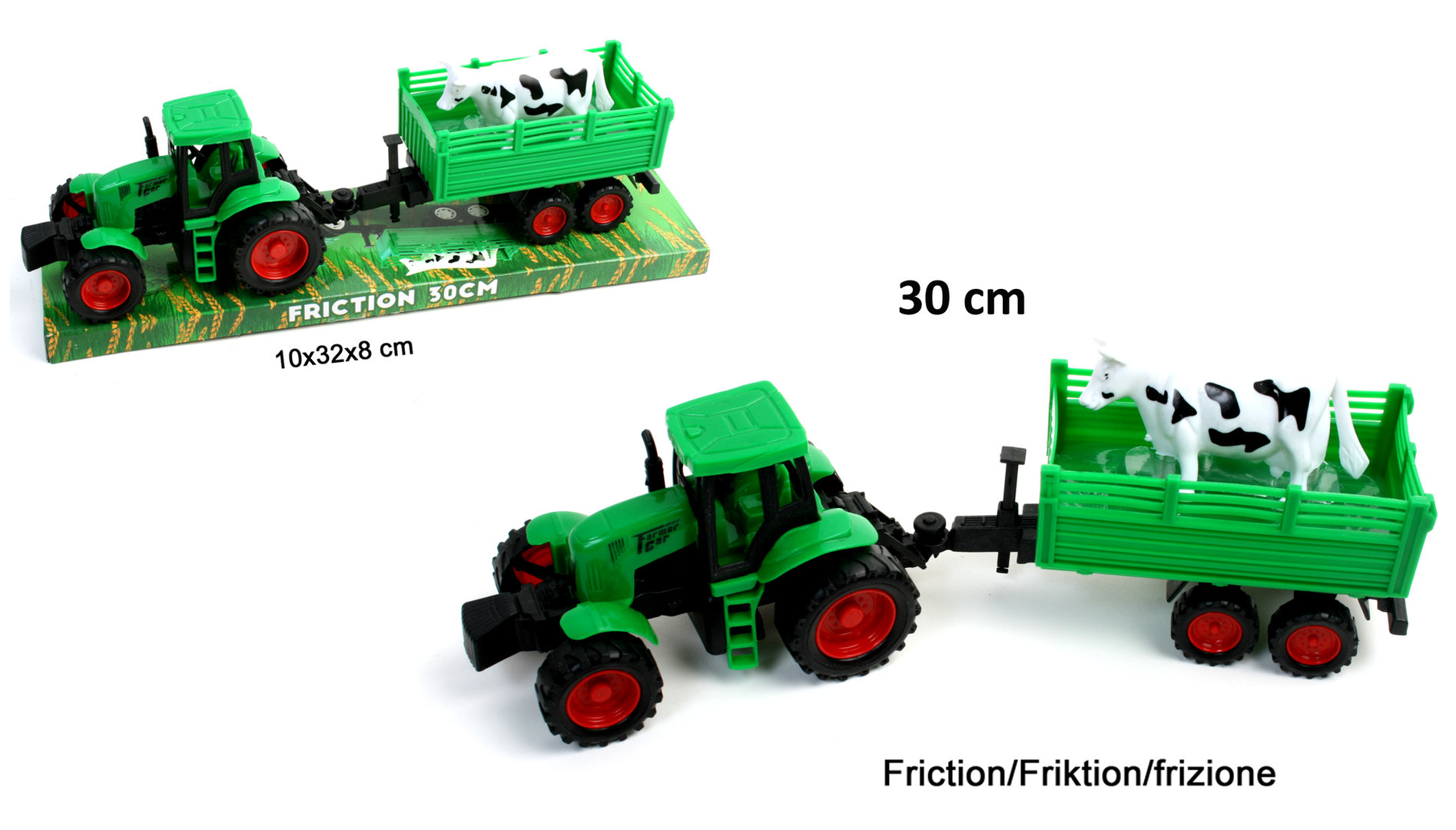 Traktor 30 cm m. Anhänger + Kuh Friktion