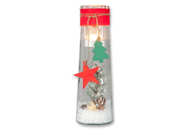 Weihnachts Teelichthalter m.Weihn.Deko,Glas+Metall 25 cm x 8 cm